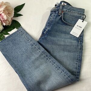 NWT Re/Done Women’s Blue Medium Wash Relaxed Crop Raw Hem Cotton Jeans – Size 26
